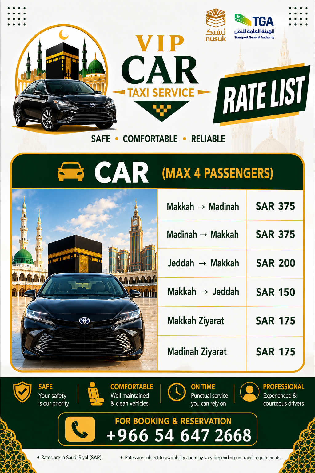 VIP Car Taxi Service Rate List