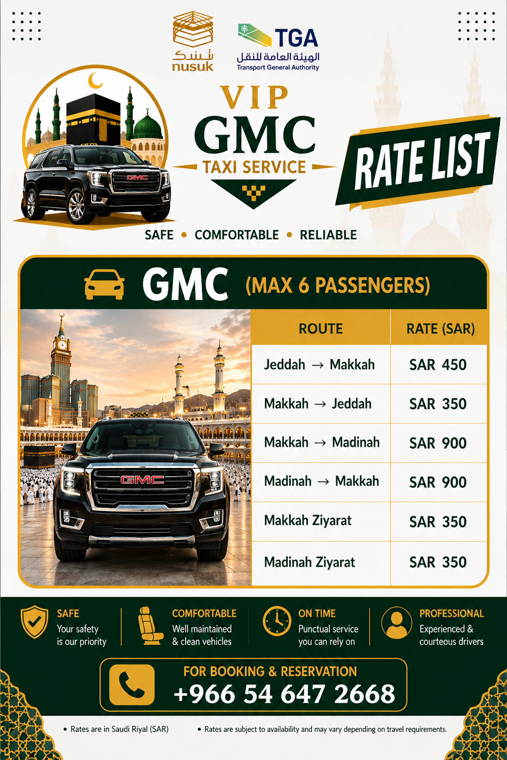 VIP GMC Taxi Service Rate List