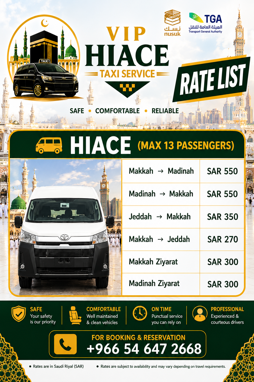 VIP Hiace Taxi Rate List